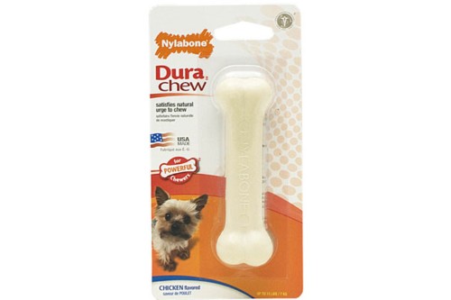 Durable nylon chew toy for small dogs, flavored like chicken, promotes dental health and prevents destructive chewing.