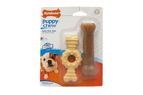 Two chicken-flavored nylon bones for teething puppies, promoting dental health and discouraging destructive chewing behavior.