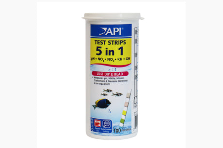 API Test Strips - 5 in 1 for aquariums; tests pH, nitrite, nitrate, hardness; 100 tests in a protective tube.