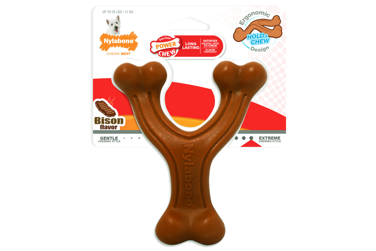 Durable nylon dog chew toy shaped like a wishbone, infused with bison flavor, ideal for powerful chewers and dental health.