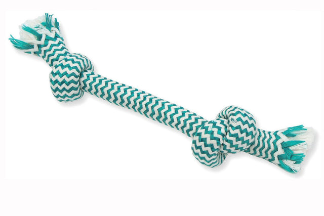 Medium-sized bone-shaped dog toy with mint-flavored beeswax dental floss for fresh breath and dental hygiene.