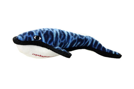 Soft and durable Tuffy Sea Creatures whale dog toy, 30cm long, designed for small to medium dogs, perfect for playtime.