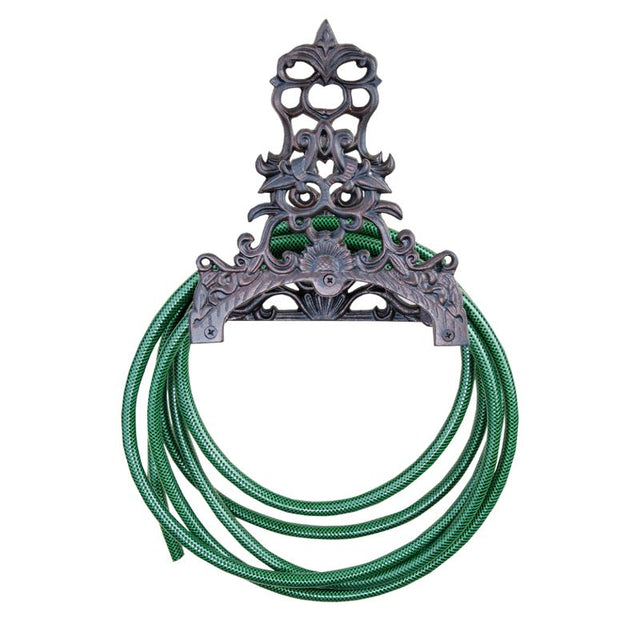 Antique Classic Hose Holder made of durable cast iron, featuring vintage design for tidy and stylish garden hose storage.