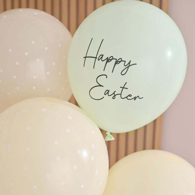 Pastel balloons with polka dots and 'Happy Easter' message, perfect for festive spring celebrations. Eco-friendly packaging.