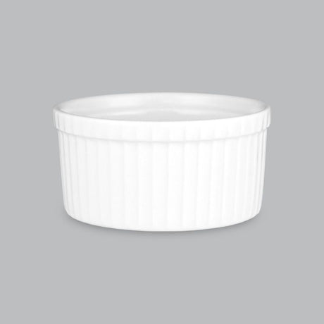 Elegant white porcelain ramekin from Wilkie Brothers, 8.5x4cm size, perfect for soufflés, dips, and more, dishwasher safe.