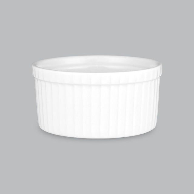 Elegant white porcelain ramekin from Wilkie Brothers, 8.5x4cm size, perfect for soufflés, dips, and more, dishwasher safe.