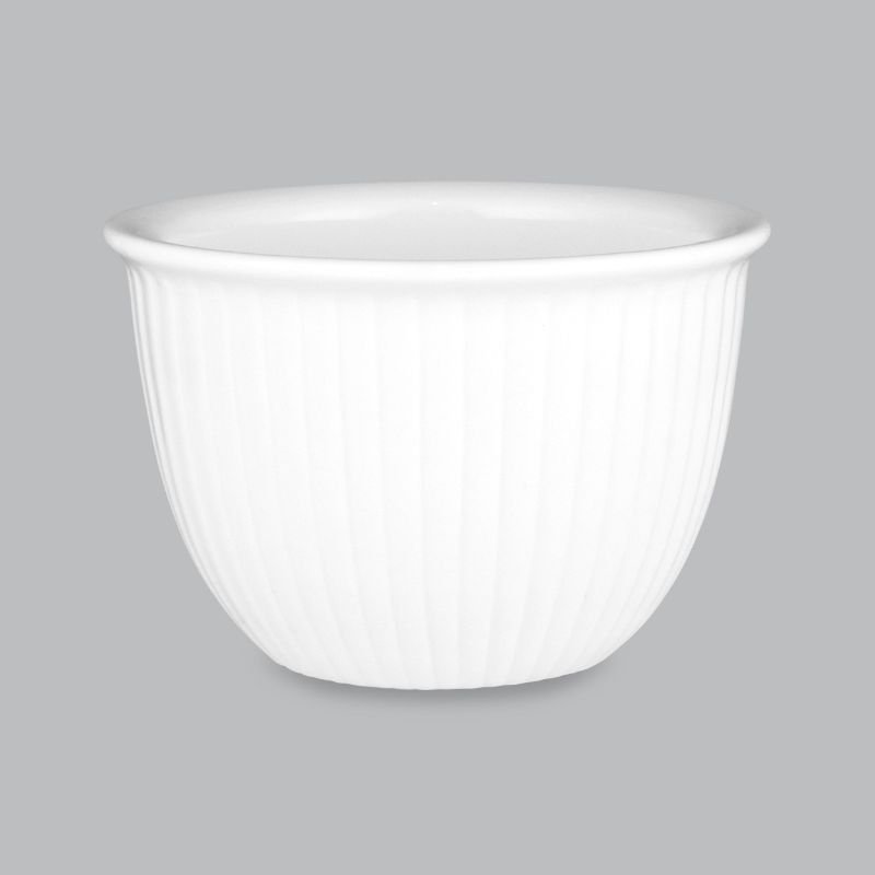 Elegant white custard cup (190ml) made from durable new bone porcelain, perfect for desserts and sauces. Dishwasher safe.