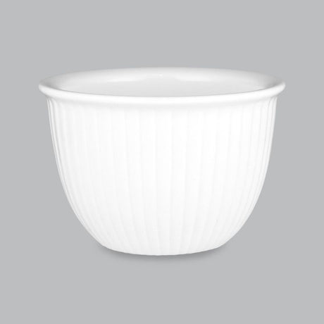 Elegant white custard cup (190ml) made from durable new bone porcelain, perfect for desserts and sauces. Dishwasher safe.