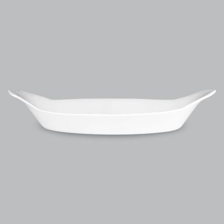 Elegant 19.5cm au gratin dish in new bone porcelain, perfect for baking and serving casseroles, oven and dishwasher safe.