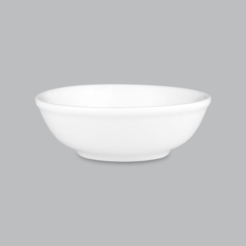 Round white sauce dish made of new bone porcelain, 7x2.5cm, perfect for serving sauces, dips, and appetizers.