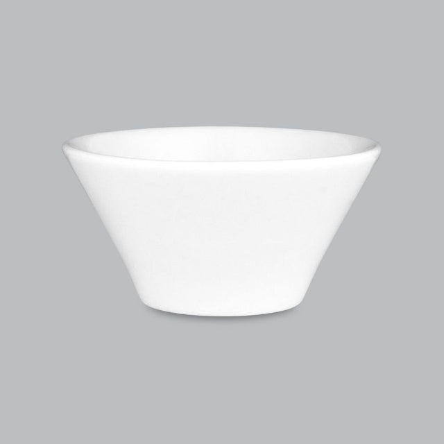 Elegant conical dip bowl made from new bone porcelain, perfect for serving dips and sauces, dishwasher and oven safe.