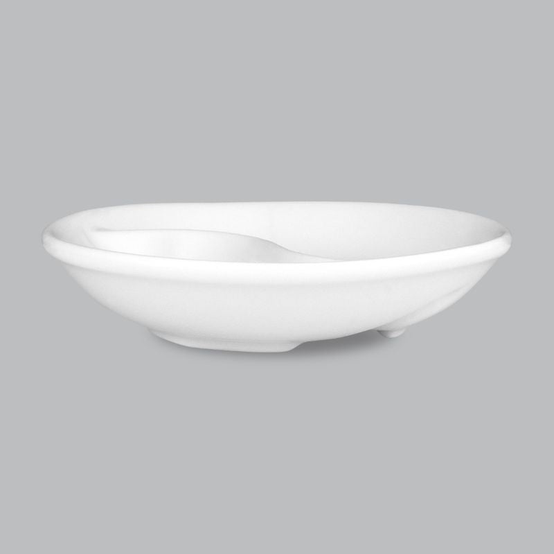 Round divided dish in elegant white new bone porcelain, perfect for snacks and appetizers; microwave, oven, and dishwasher safe.