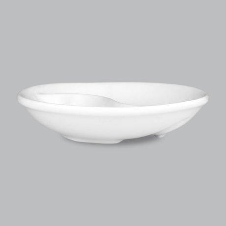 Round divided dish in elegant white new bone porcelain, perfect for snacks and appetizers; microwave, oven, and dishwasher safe.