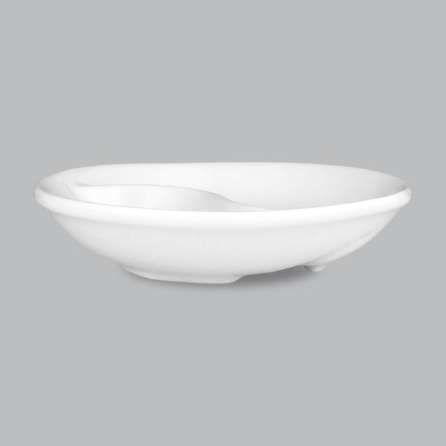 Round divided dish in elegant white new bone porcelain, perfect for snacks and appetizers; microwave, oven, and dishwasher safe.