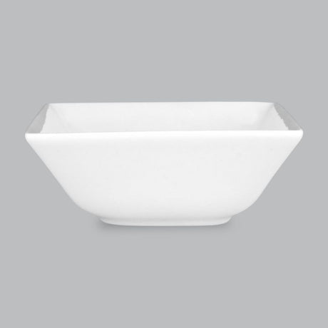 Elegant 10cm square footed bowl in premium new bone porcelain, perfect for dining, oven-safe and dishwasher-safe.