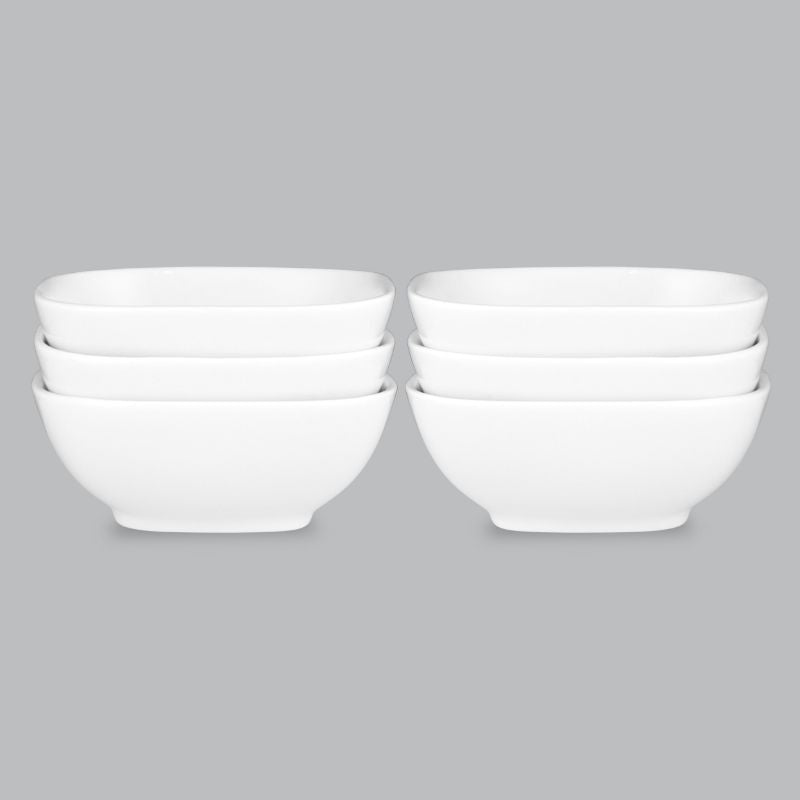 Elegant set of 6 square bowls (10cm) in high-quality new bone porcelain, ideal for serving dishes and effortless maintenance.