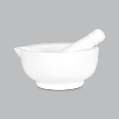 Elegant 9cm mortar and pestle in new bone porcelain, perfect for grinding spices and herbs, dishwasher safe, versatile kitchen tool.