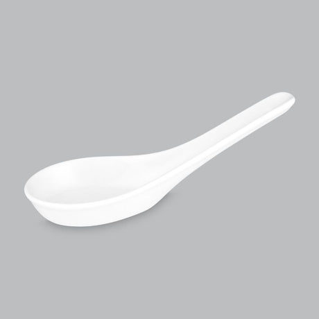 Elegant 14cm Wilkie Brothers spoon in new bone porcelain, lightweight, oven-safe, and dishwasher-safe for versatile kitchen use.