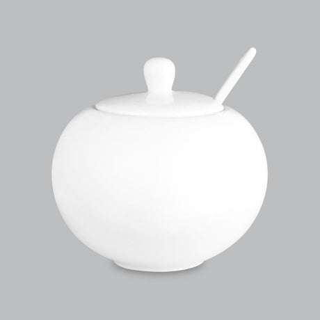 Round sugar bowl in white new bone porcelain, 500ml, stylish and practical for sugar or snacks, oven and dishwasher safe.