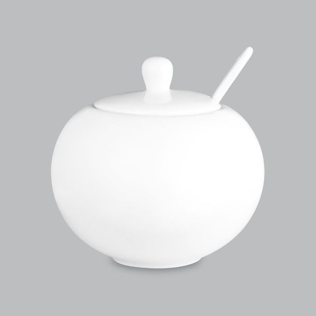 Round sugar bowl in white new bone porcelain, 500ml, stylish and practical for sugar or snacks, oven and dishwasher safe.