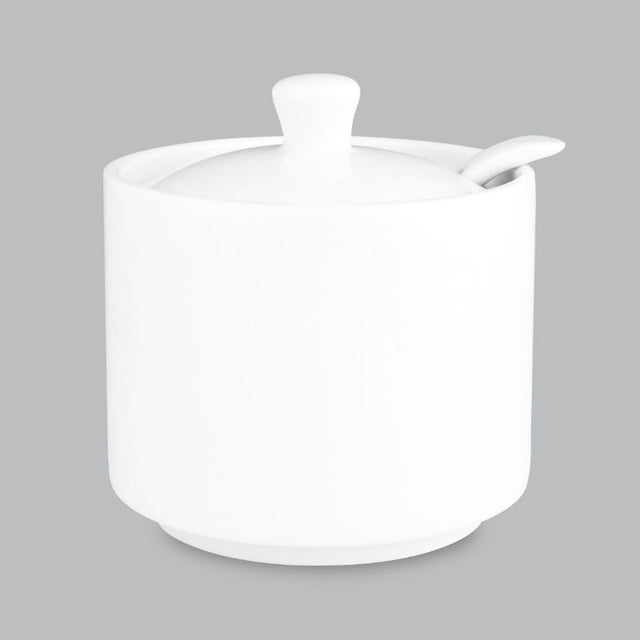 Elegant 240ml sugar bowl in new bone porcelain, durable and dishwasher safe, ideal for stylish kitchen and dining.