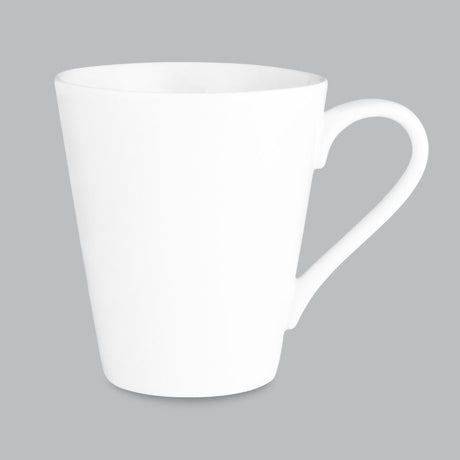 Conical 300ml mug in timeless white new bone porcelain, perfect for hot or cold beverages, dishwasher and microwave safe.