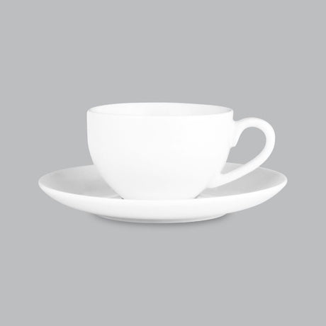 Elegant Coupe Demi Cup & Saucer 100ml by Wilkie Brothers, crafted from durable new bone porcelain in a timeless white design.