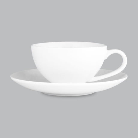 Elegant Coupe Cup and Saucer set (250ml) in new bone porcelain, versatile and dishwasher safe for modern dining.