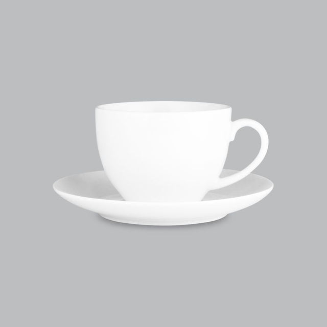 Elegant 280ml cup and saucer set made from durable new bone porcelain, perfect for tea and coffee.