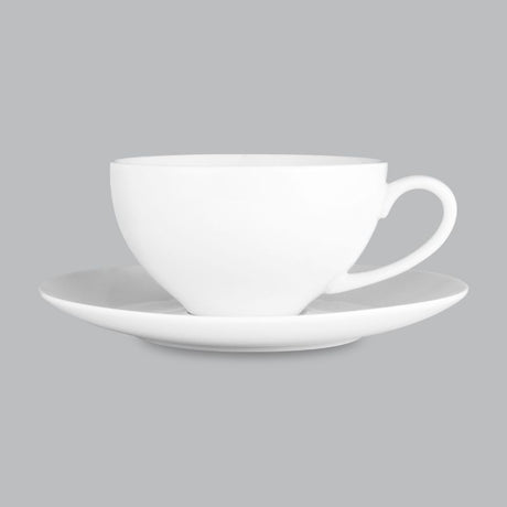 Elegant 400ml Breaky Cup & Saucer in new bone porcelain, perfect for coffee and tea, oven, microwave, and dishwasher safe.