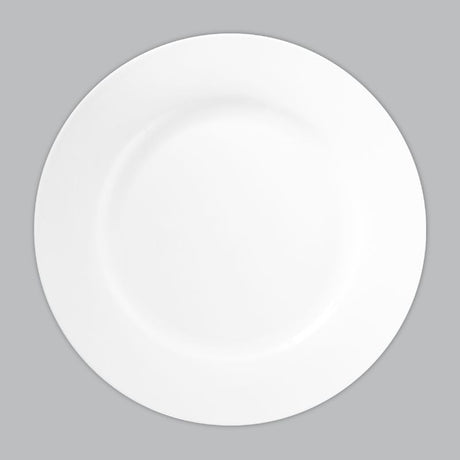 Elegant 27.5cm Rim Dinner Plate in new bone porcelain, perfect for versatile dining, dishwasher safe, and timeless white design.