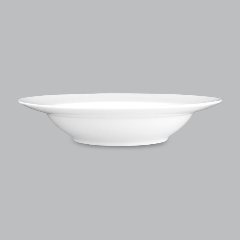 Timeless 23cm rim soup bowl in new bone porcelain, perfect for elegant dining, dishwasher safe, and versatile for meals.