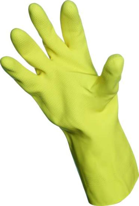 Yellow latex gloves with silver lining, anti-slip grip, flock-free design for easy wear, ideal for various tasks.