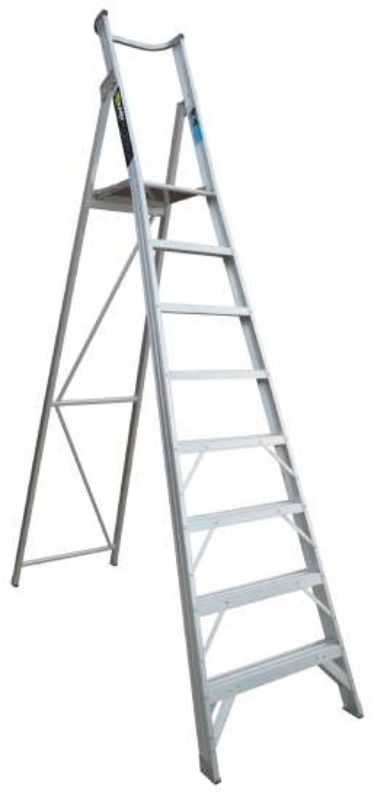 Easy Access 8-step platform ladder, 2.26m high, sturdy anti-skid surface, folds for storage, supports up to 150kg.