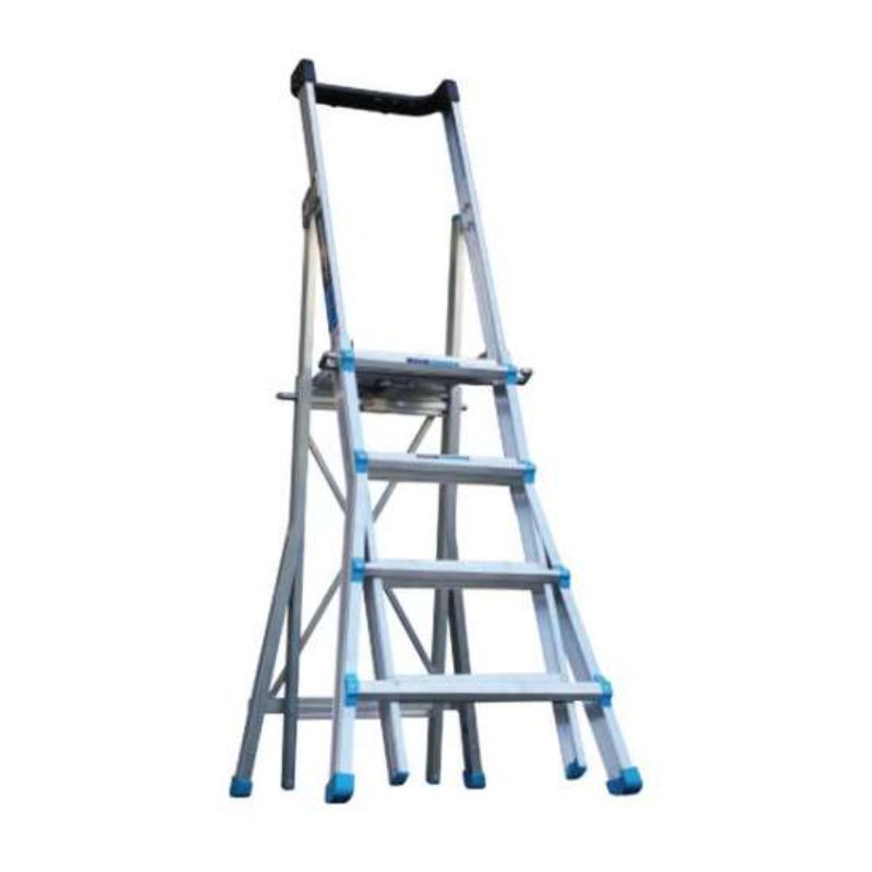 Adjustable telescopic ladder with large platform, independent stiles, safety handrail, and 200kg load rating for versatile access.
