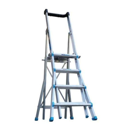 Adjustable telescopic ladder with large platform, independent stiles, safety handrail, and 200kg load rating for versatile access.