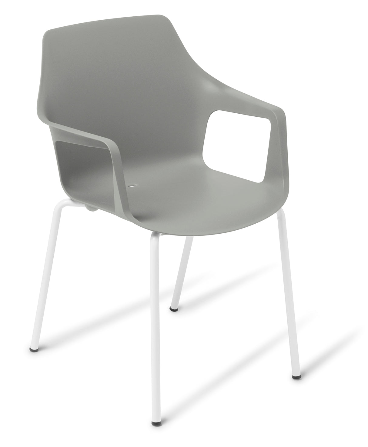 Contemporary grey Coco Chair with arms, ideal for indoor/outdoor use, featuring a UV-stabilised shell and stackable design.