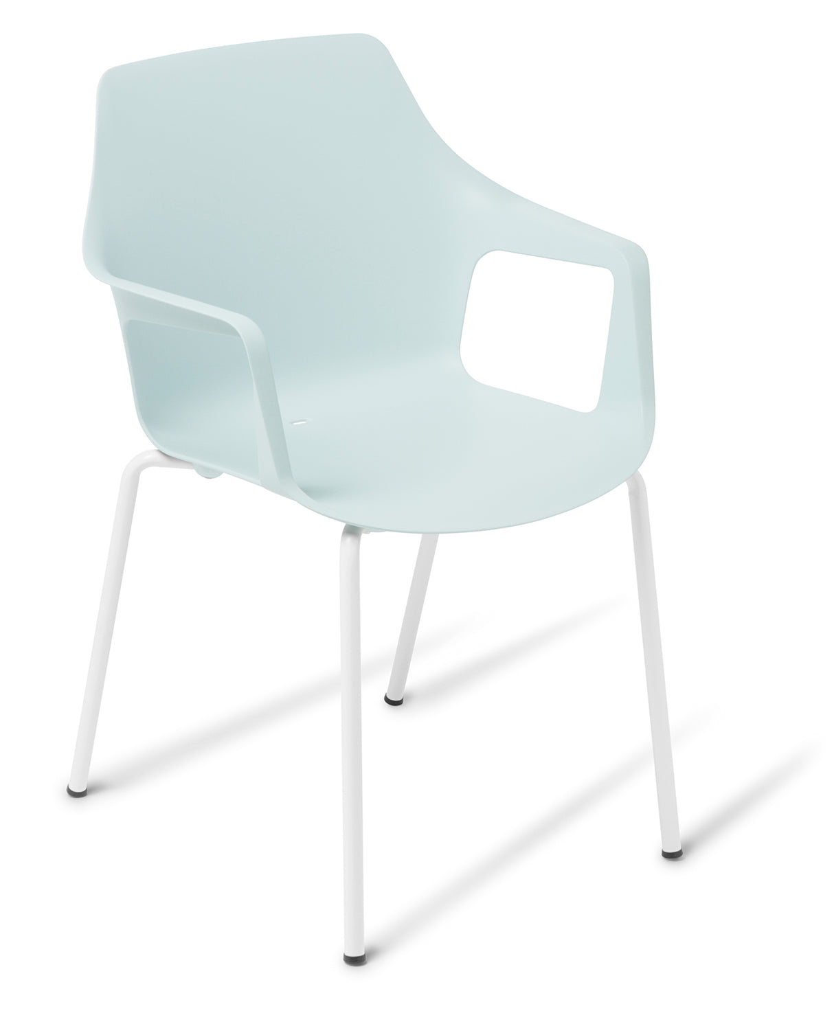 Light blue Coco Chair with arms, durable UV-stabilised shell, ergonomic design, ideal for indoor and outdoor use.