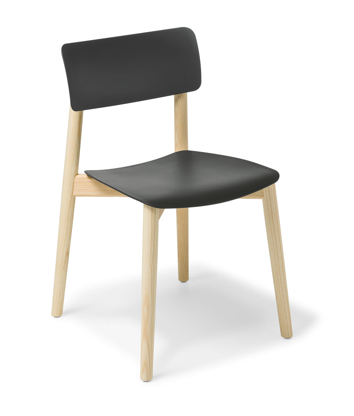 Elegant black chair with a minimalist design, durable polypropylene, and sturdy ash timber frame, perfect for dining or office use.