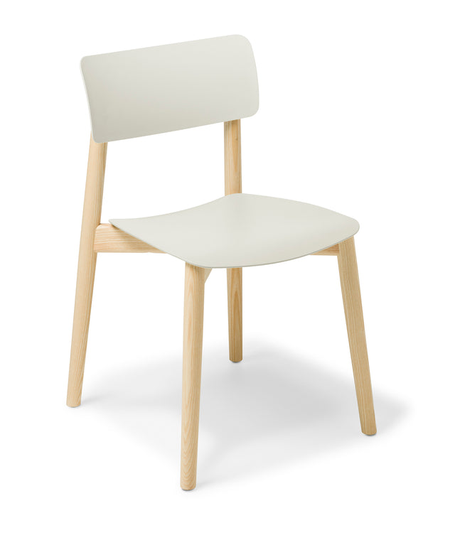 East Chair in Dove: minimalist design with a durable polypropylene seat, solid Ash timber frame, and floor protection features.