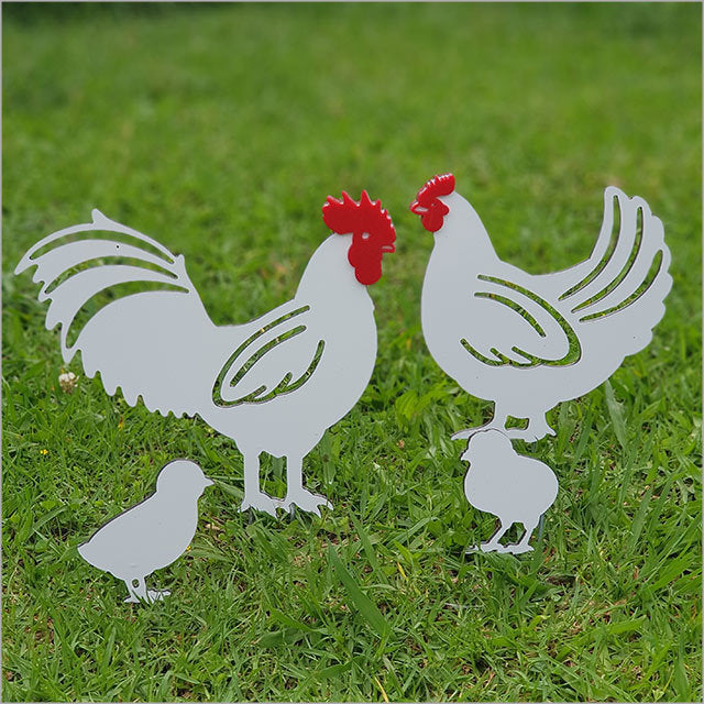 Whimsical chicken family garden stakes featuring a hen, rooster, and chicks, crafted from durable ACM and acrylic.