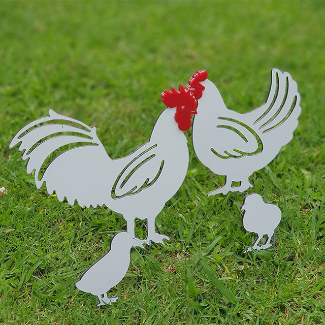 Charming Chicken Family garden stakes in vibrant ACM, featuring a hen, rooster, and chicks for whimsical outdoor decor.