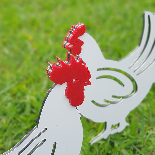 Charming chicken family garden stakes in vibrant ACM and acrylic, perfect for adding whimsy to outdoor spaces.