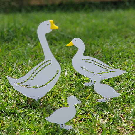 Charming Duck Family garden stakes with drake, duck, and duckling in vibrant colors, perfect for outdoor decor.