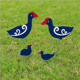 Whimsical Pukeko Family garden stakes featuring vibrant acrylic art, perfect for enhancing outdoor spaces with charm.