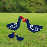 Whimsical Pukeko Family garden stakes set featuring two adults and two chicks, crafted from durable ACM and vibrant acrylic.