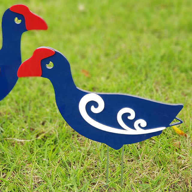 Colorful Pukeko family garden stakes, featuring two adults and two chicks, crafted from durable materials for outdoor decor.