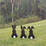 Whimsical Bunny Trio Garden Stakes, vibrant and durable freestanding decor for gardens and flower beds.