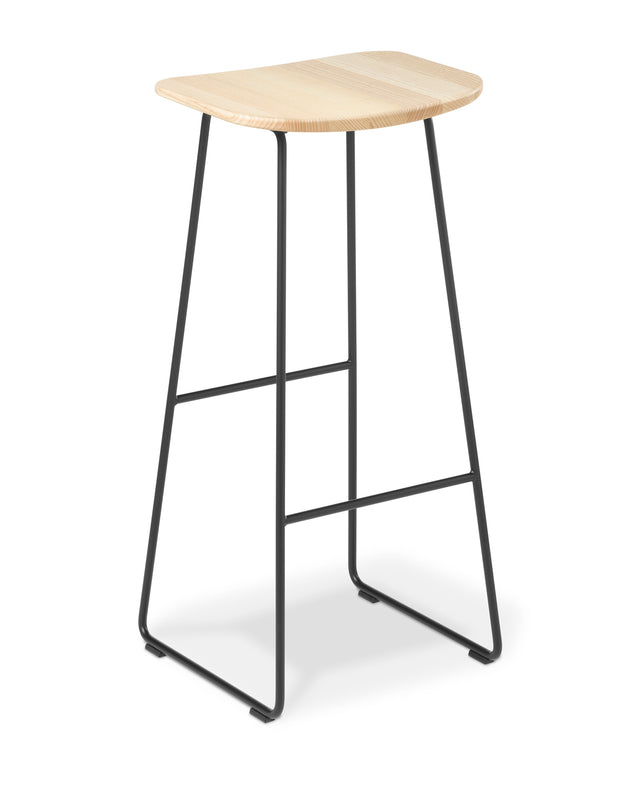 Klein Bar Stool with a solid Ash timber top, black steel frame, designed for comfort and style in modern spaces.