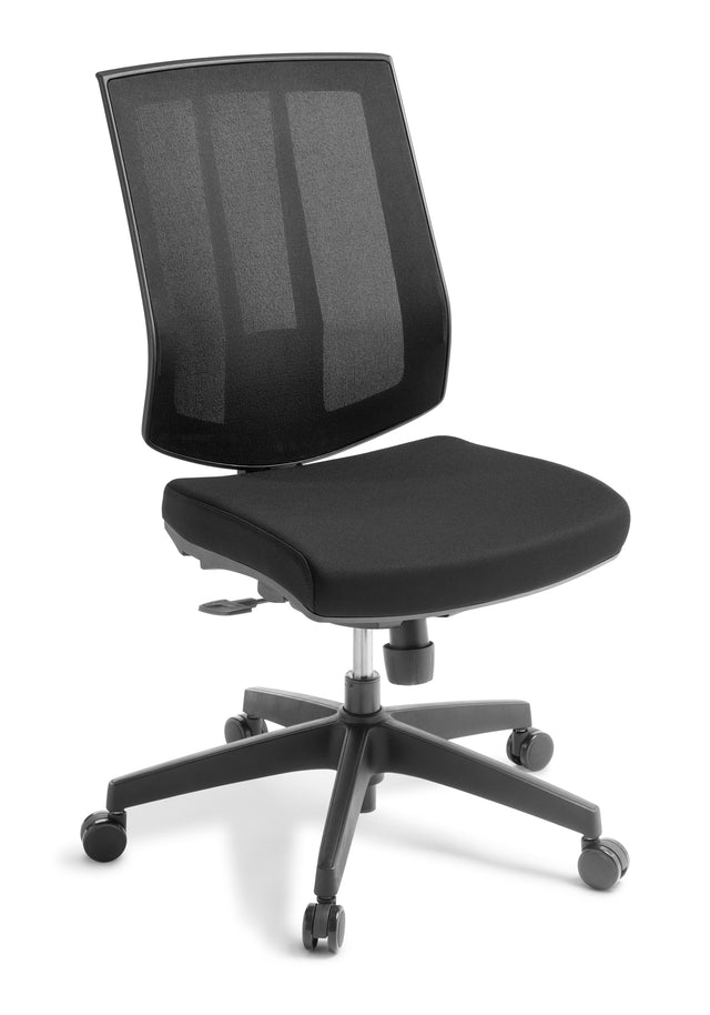 Rally Chair: Ergonomic office chair with high backrest, breathable mesh, customizable settings, and stylish black fabric.